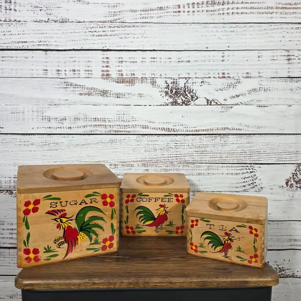 VTG Rooster Kitchen Canister Set Sugar Coffee Tea Country Farmhouse 3 pc